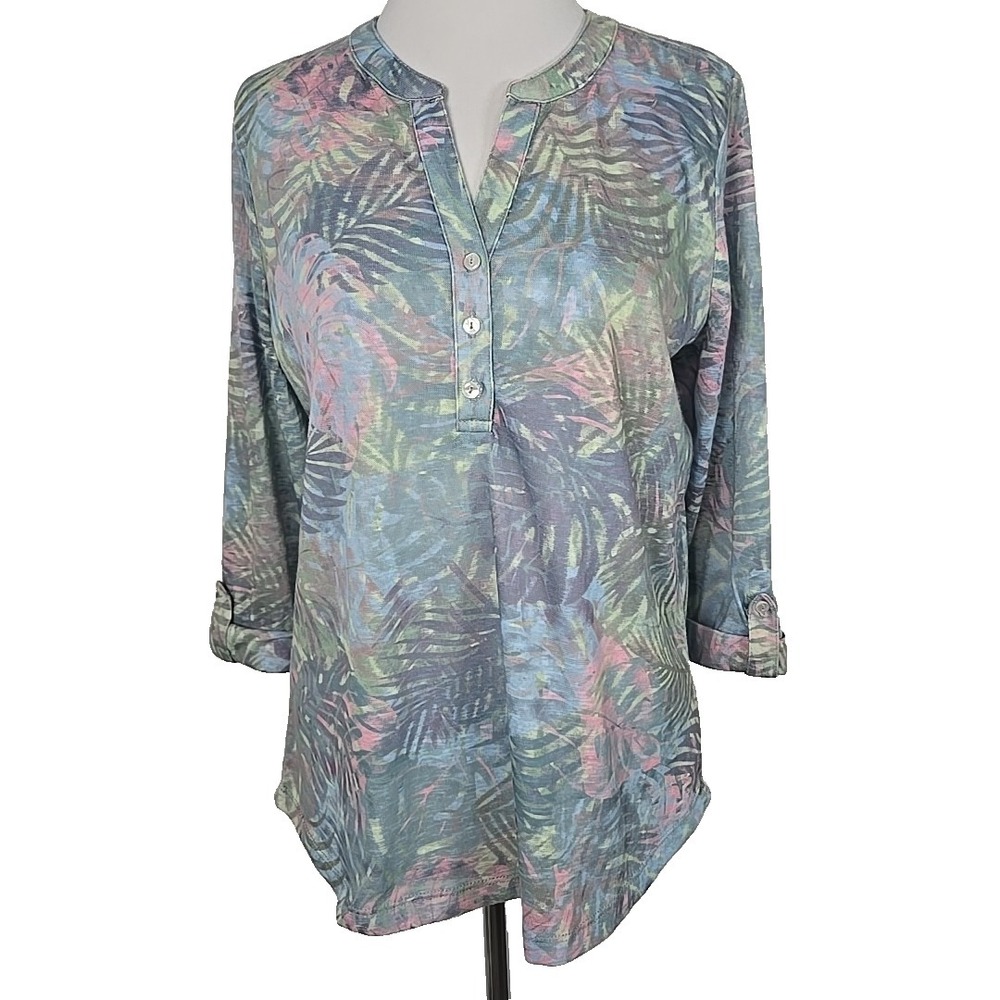 FDJ Tropical Print Pastel 3/4 Tab Sleeve Knit Top Medium M